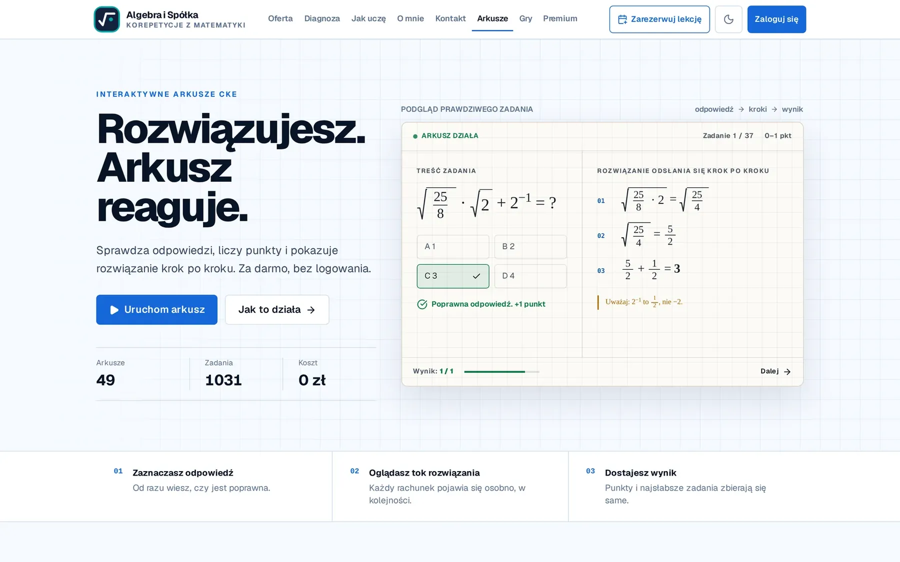 Algebra i Spółka, an exam paper that checks the answer and shows the solution step by step