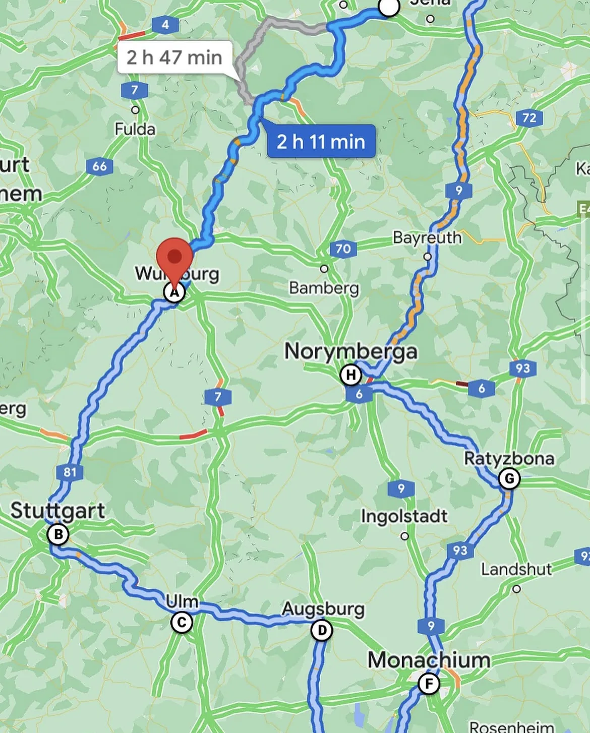 Mapa trasy przez Würzburg, Stuttgart, Ulm, Augsburg, Monachium, Ratyzbonę i Norymbergę