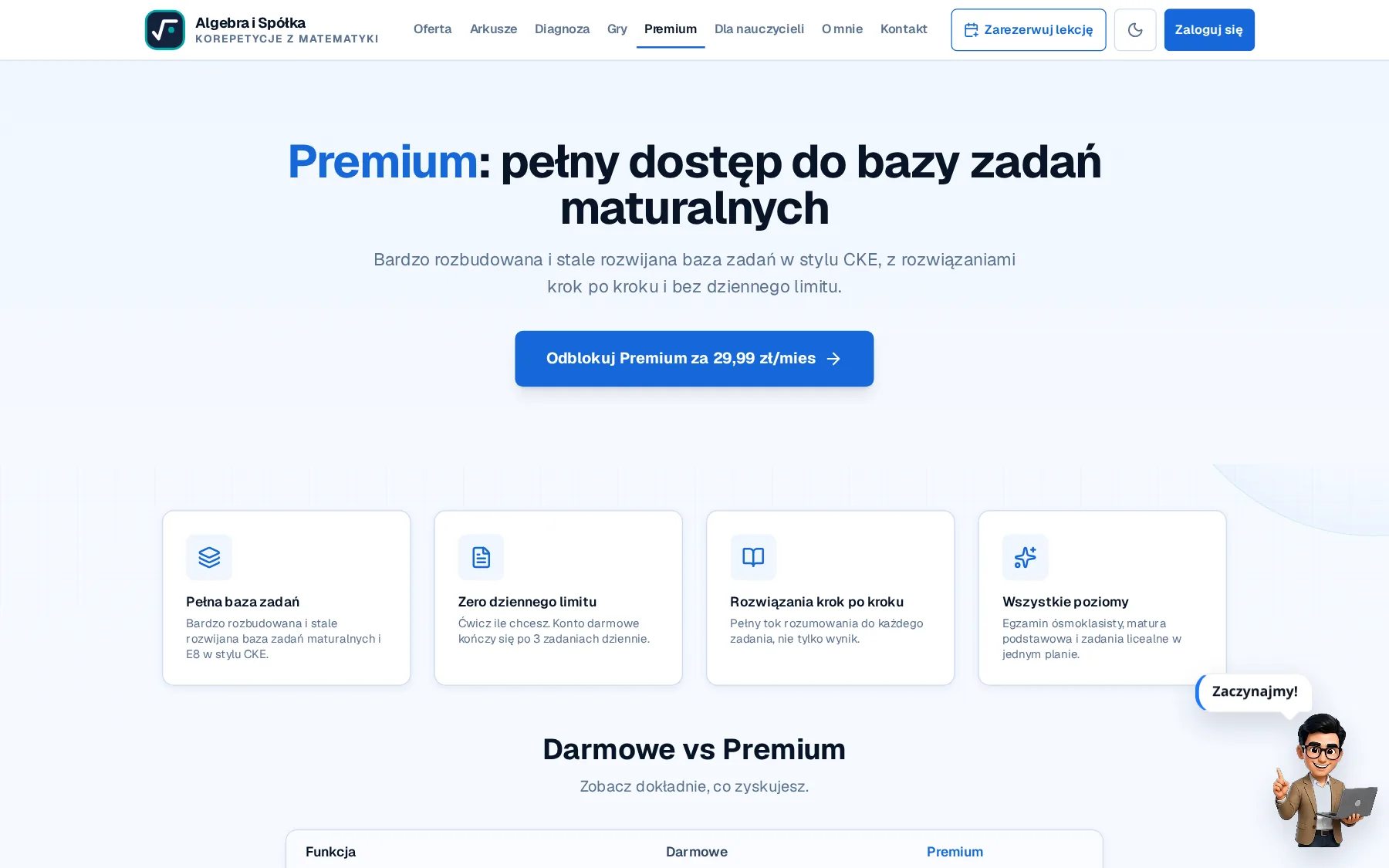 Strona Premium na Algebrze i Spółce: cena 29,99 zł miesięcznie i porównanie z wersją darmową