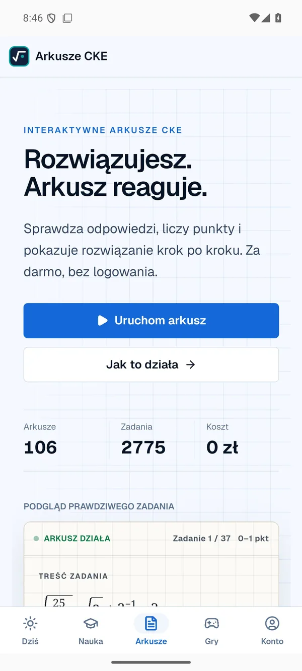 Zakładka Arkusze CKE w aplikacji: 106 arkuszy, 2775 zadań, 0 zł
