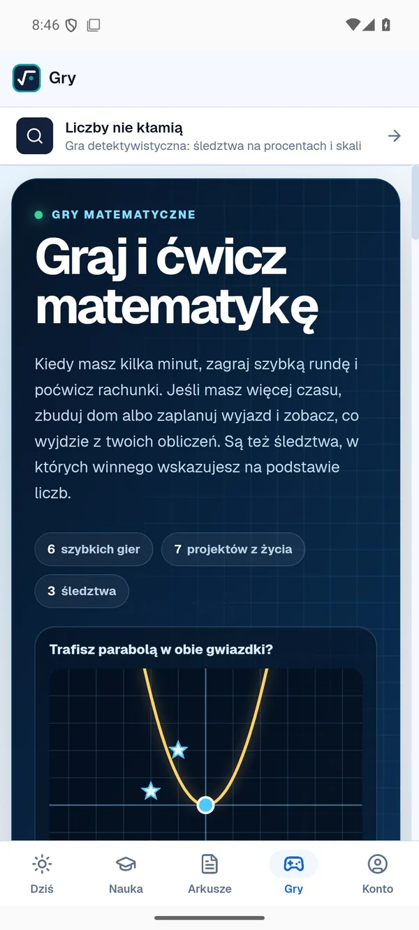 Zakładka Gry w aplikacji: Graj i ćwicz matematykę