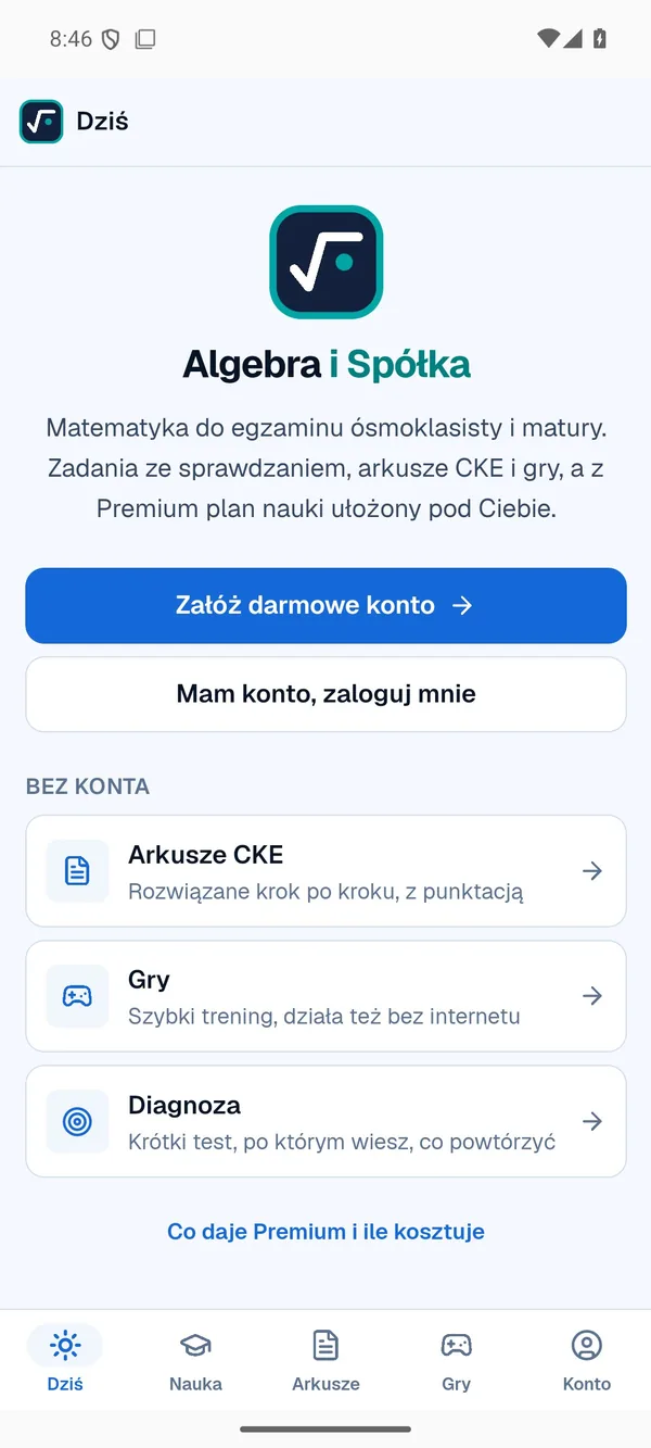 Ekran powitalny aplikacji Algebra i Spółka z przyciskami do założenia konta i logowania