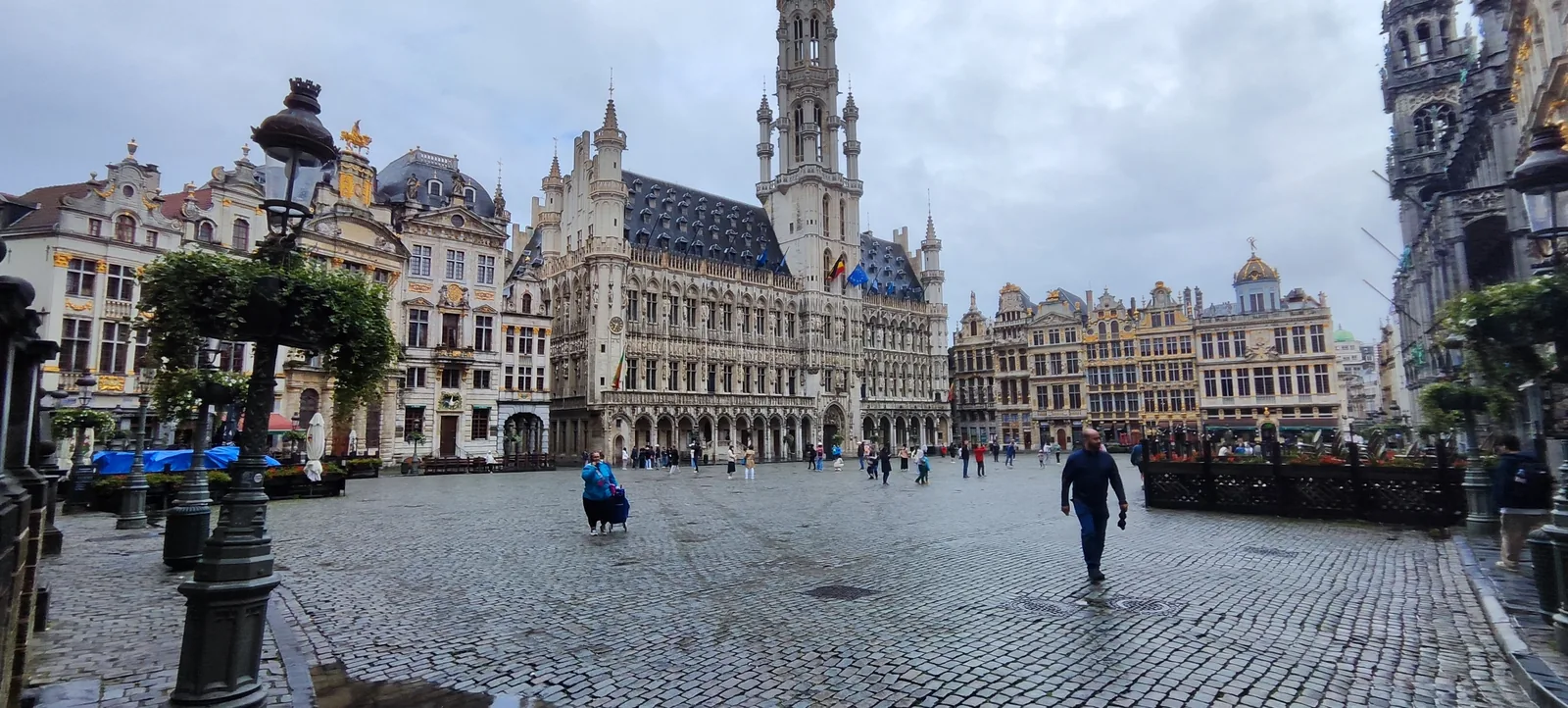 Grand-Place w Brukseli z wieżą ratusza i kamienicami