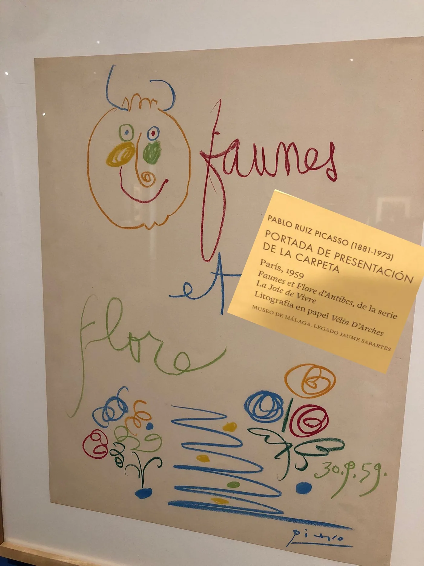 Plakat Picassa z faunem i kwiatami za szybą