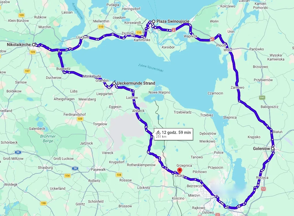 Mapa pętli rowerowej Dobra, Ueckermünde, Anklam, Świnoujście, Goleniów i z powrotem do Dobrej