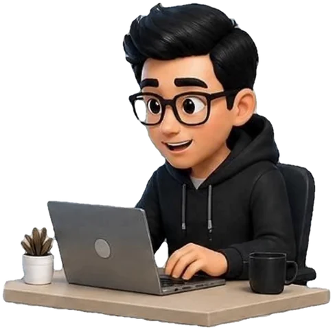 Maskotka: pracuje przy laptopie