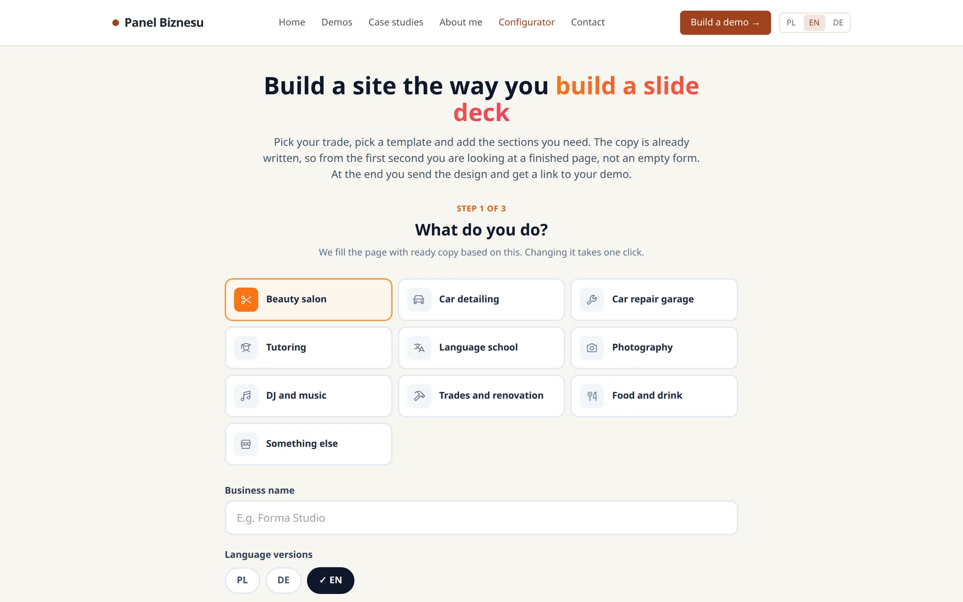 Panel Biznesu configurator, step one: pick your trade