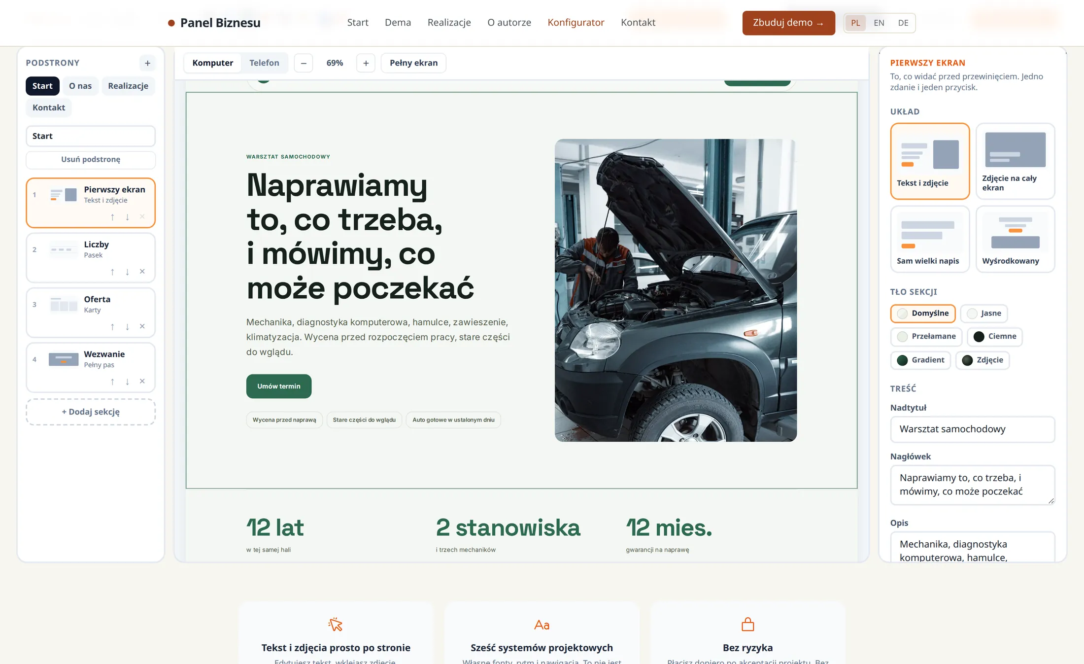 Panel Biznesu, the editor: pages on the left, the live page in the middle, section settings on the right