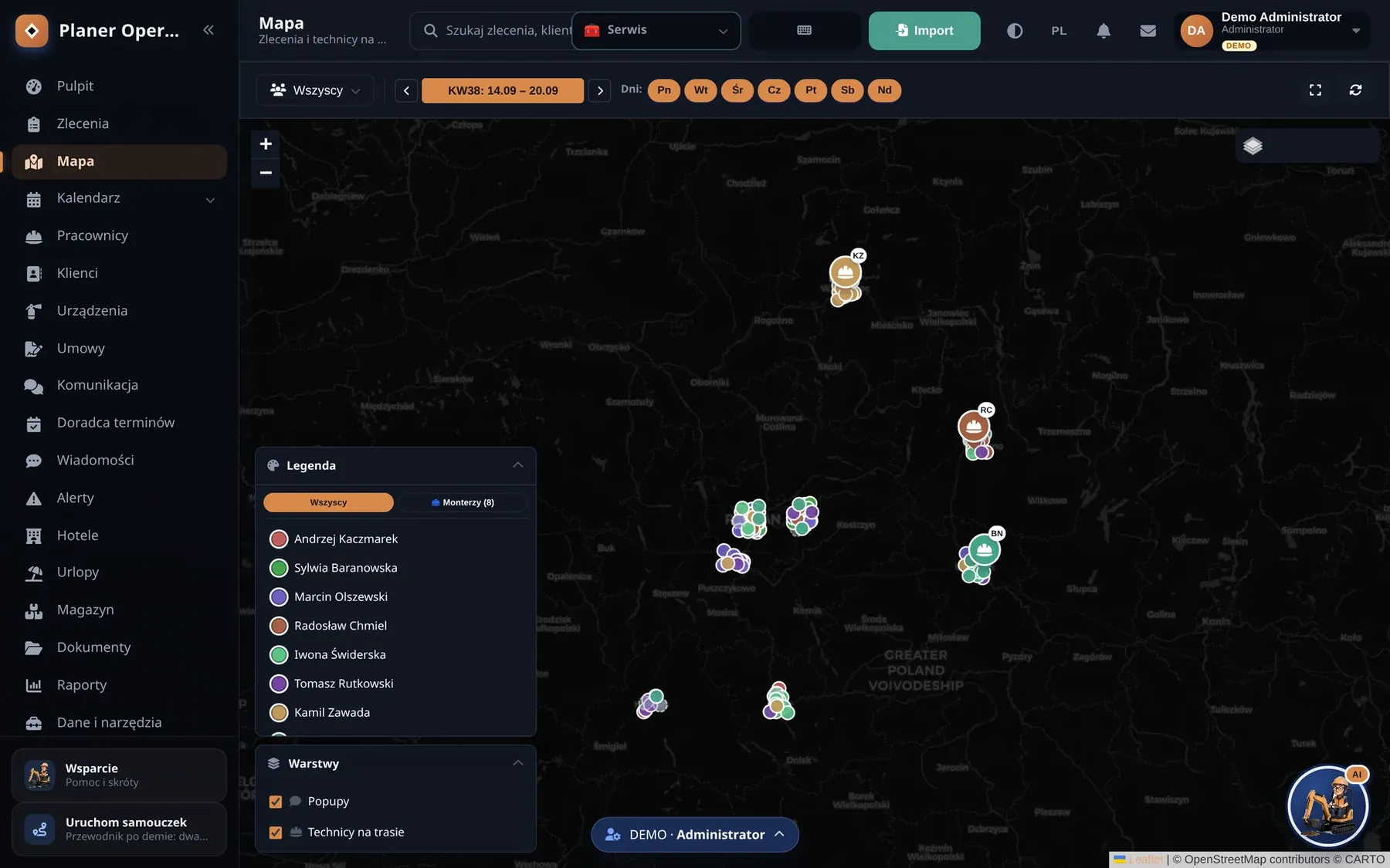 Planer Operacyjny, the dispatcher map with technicians and jobs