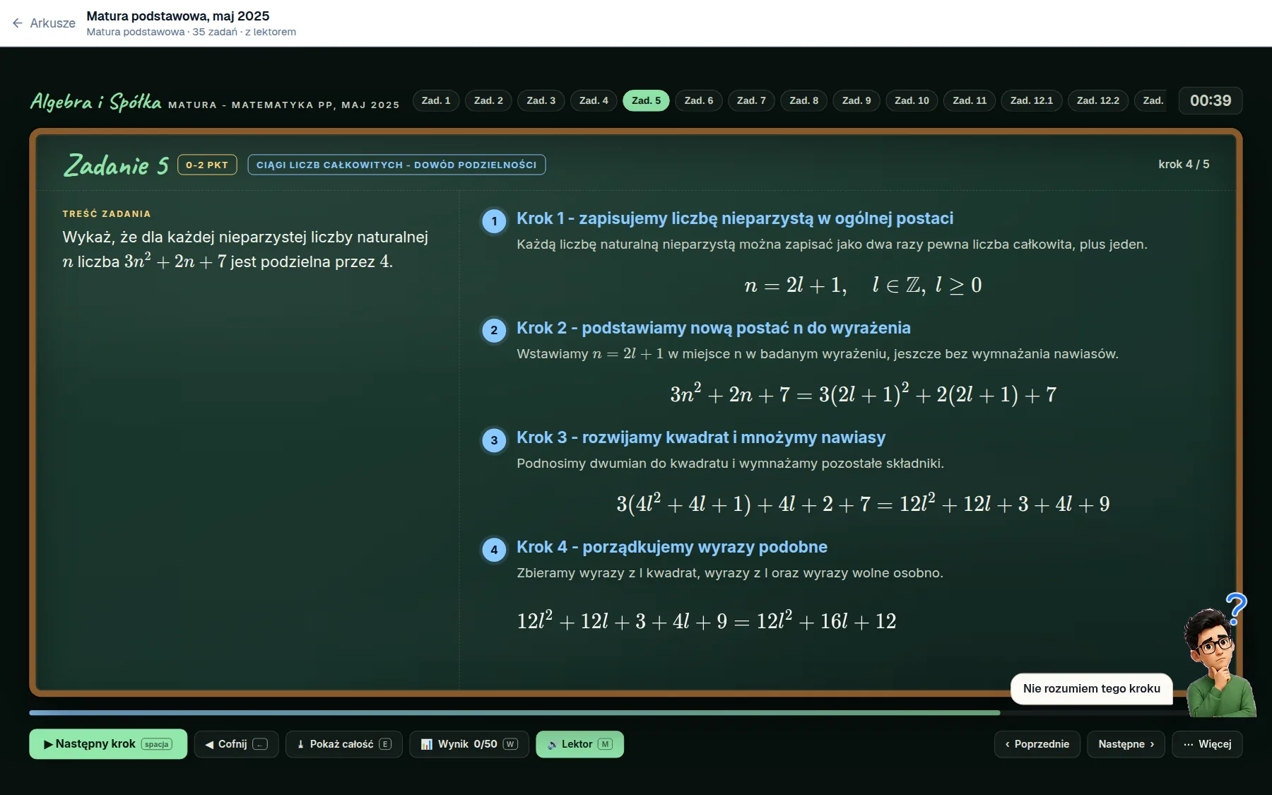 May 2025 matura, task 5 (a divisibility proof): four of five solution steps on the green chalkboard