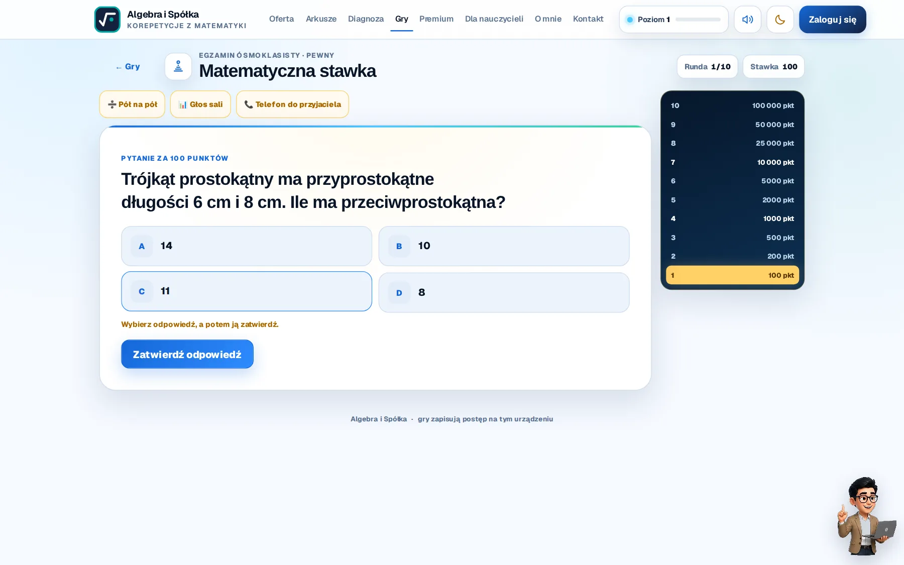 Matematyczna stawka: pytanie o przeciwprostokątną, cztery odpowiedzi i drabinka punktów