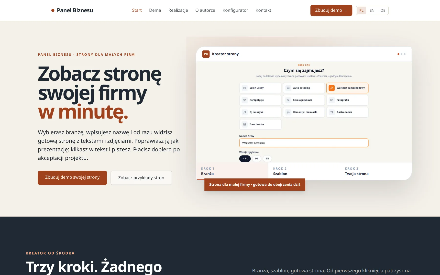 The panelbiznesu.pl homepage with the builder in the first screen