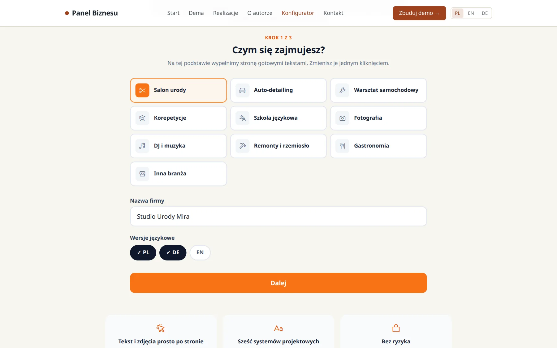 First step of the builder: trade, business name and site languages