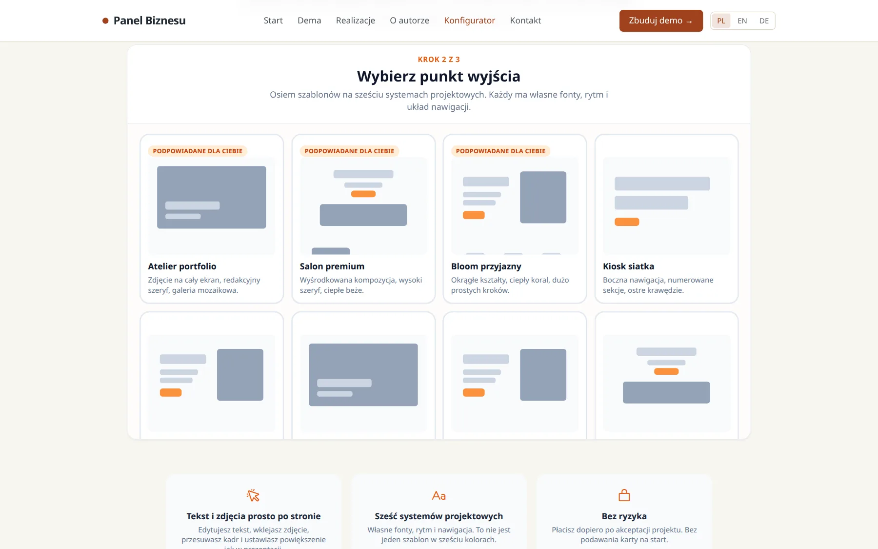 Second step: choosing a template, each with the business name and trade copy