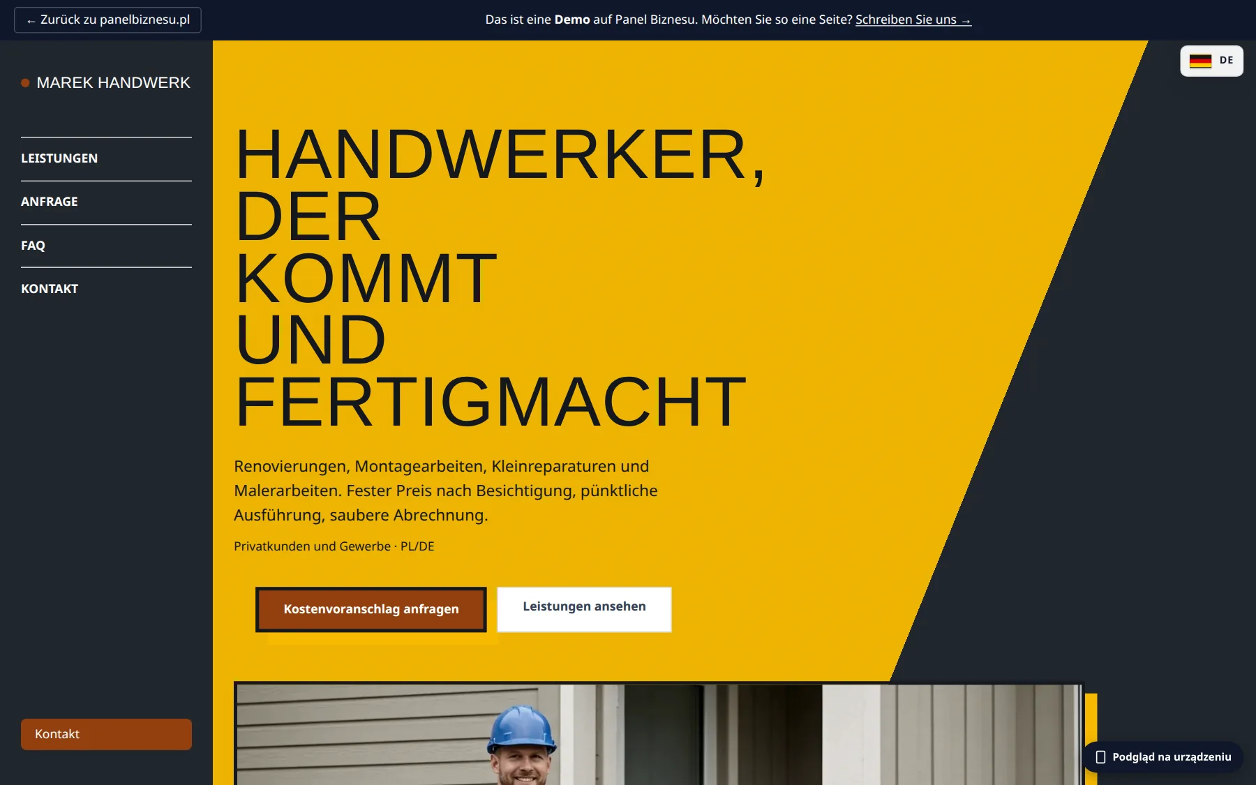 A published site for a German tradesman, built in the builder