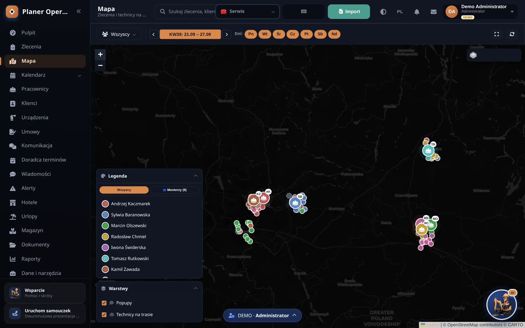 Disponentenkarte mit Teams und Aufträgen in der Demo
