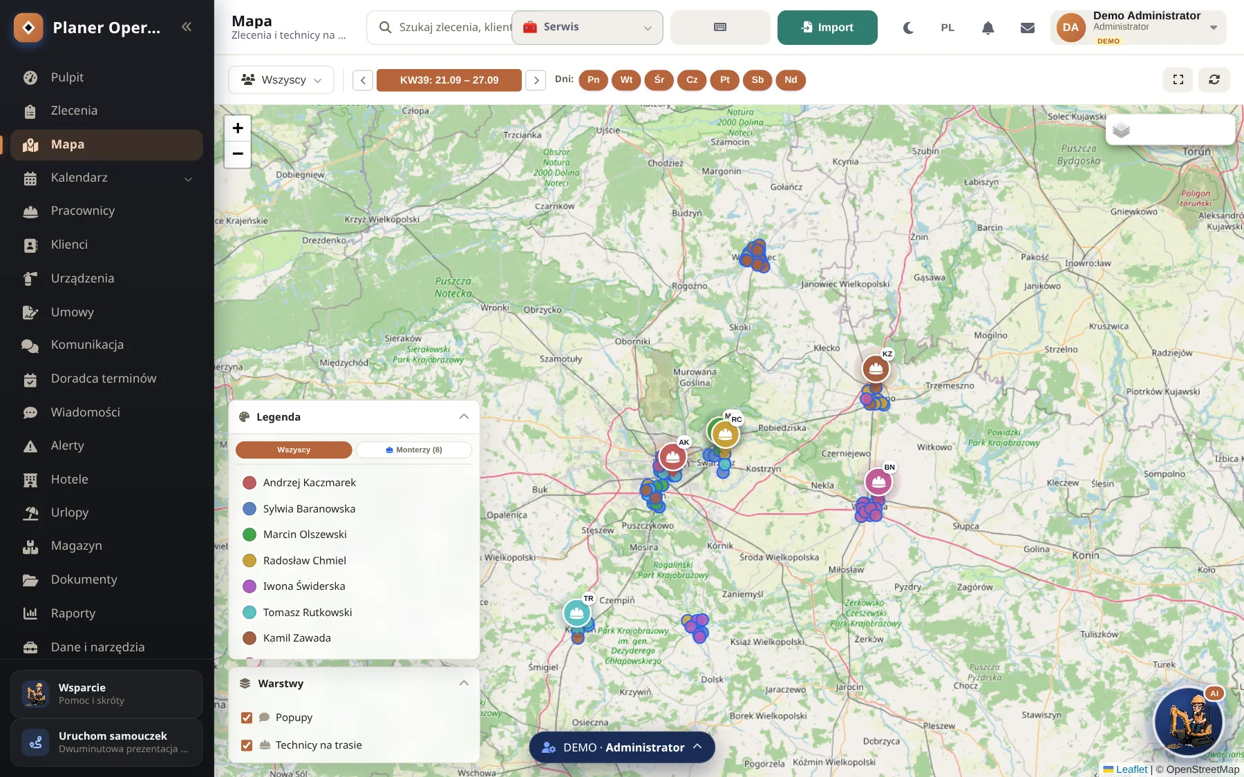 Mapa w Planerze Operacyjnym: zlecenia i ekipy w Wielkopolsce, obok legenda z nazwiskami