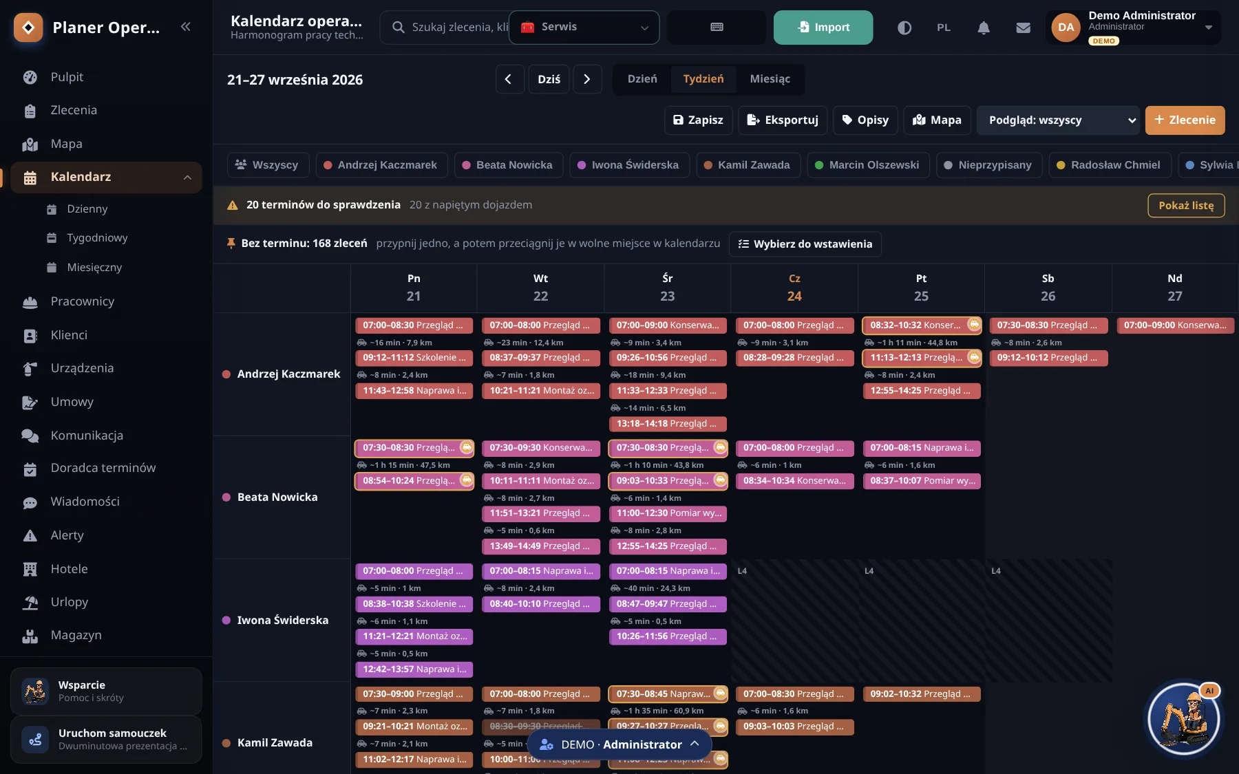 Wochenkalender der Teams mit Fahrzeiten
