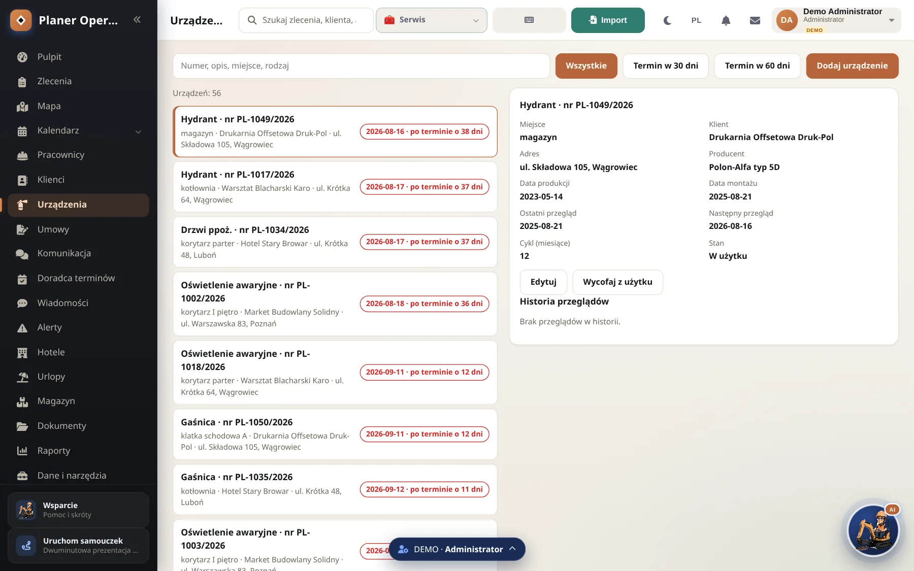 Rejestr urządzeń w Planerze Operacyjnym z terminami przeglądów
