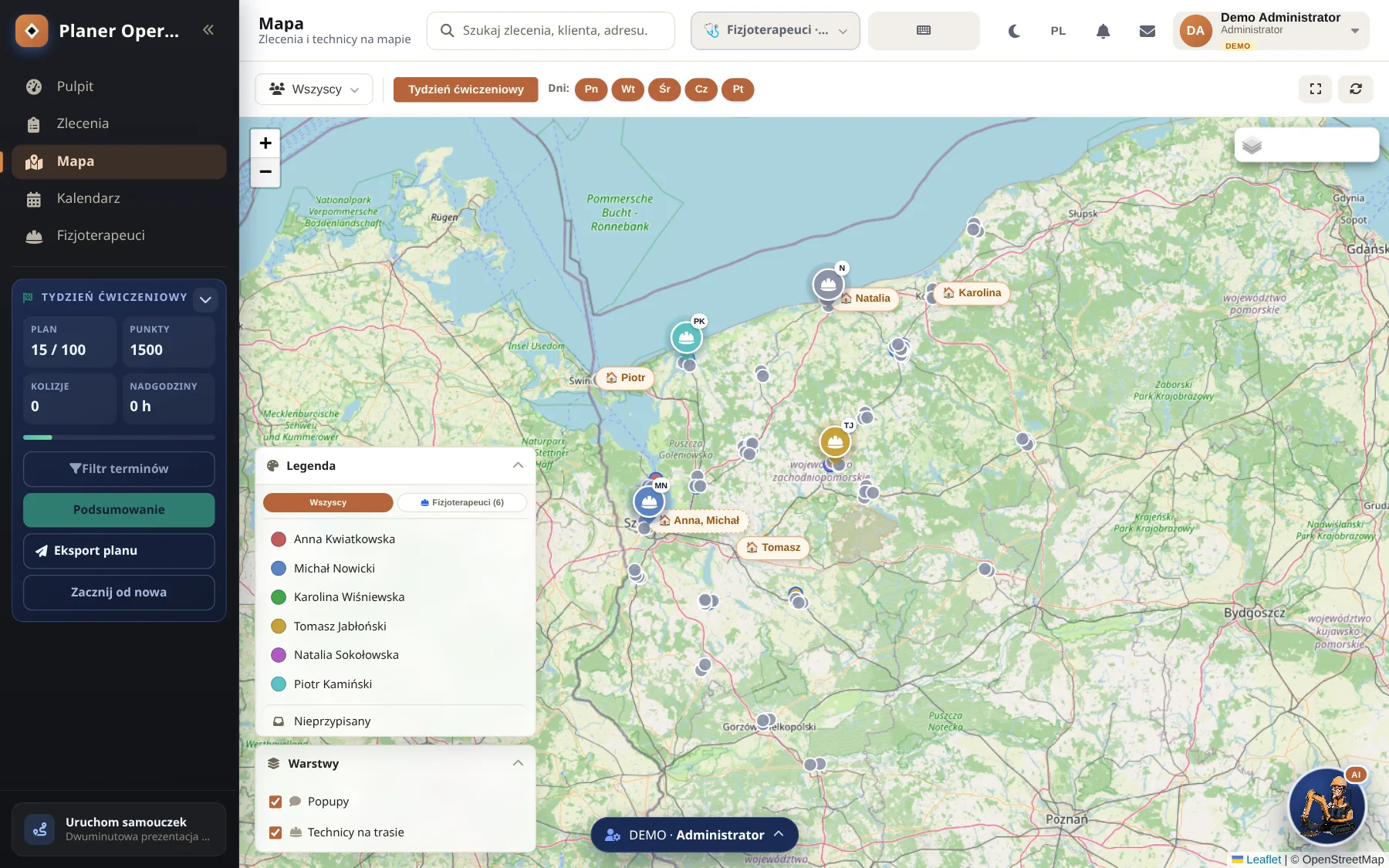 Laboratorium fizjoterapii: mapa z wizytami, sześć osób w legendzie i pasek wyniku po lewej