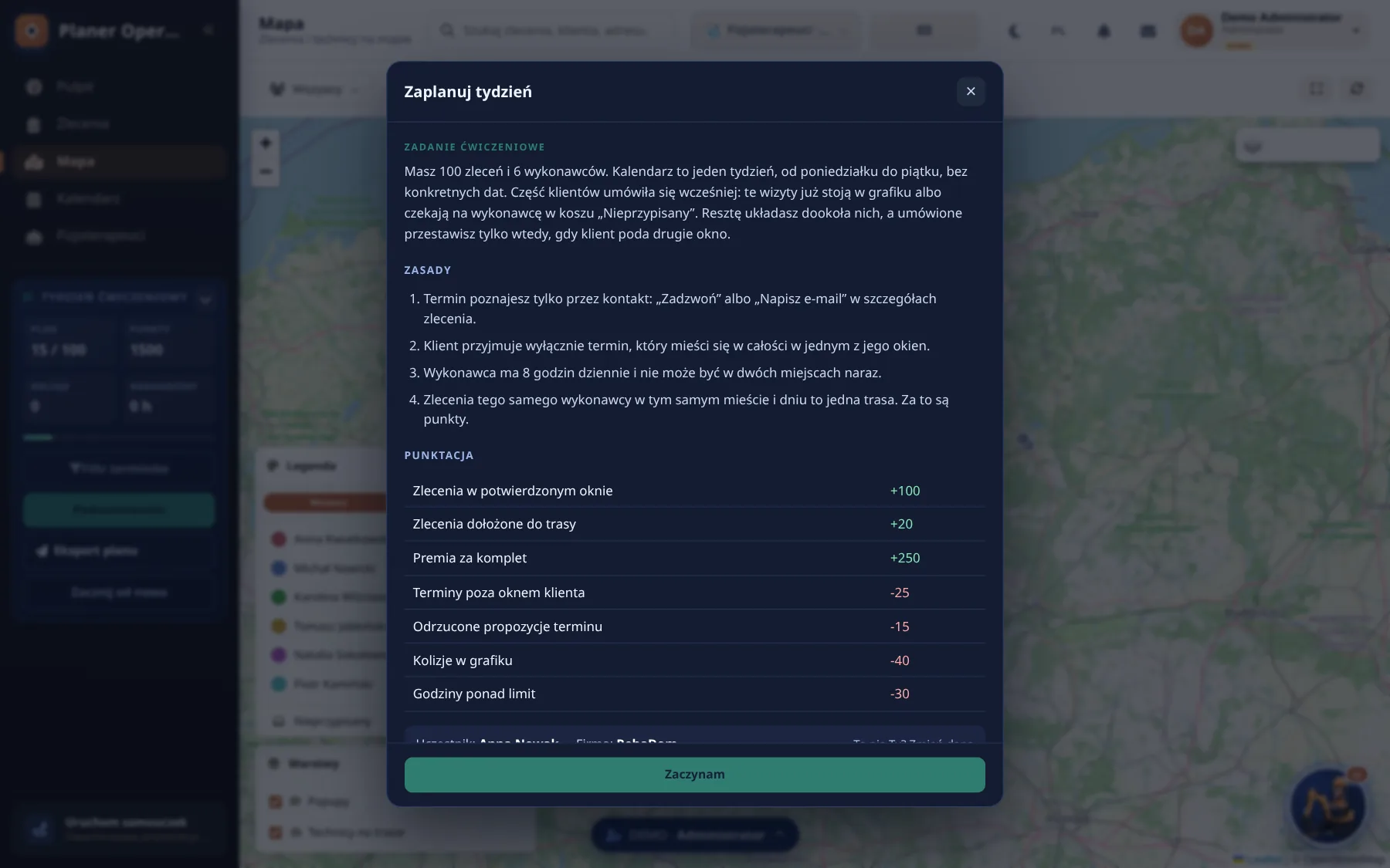 Okno z zasadami tygodnia ćwiczeniowego i tabelą punktów