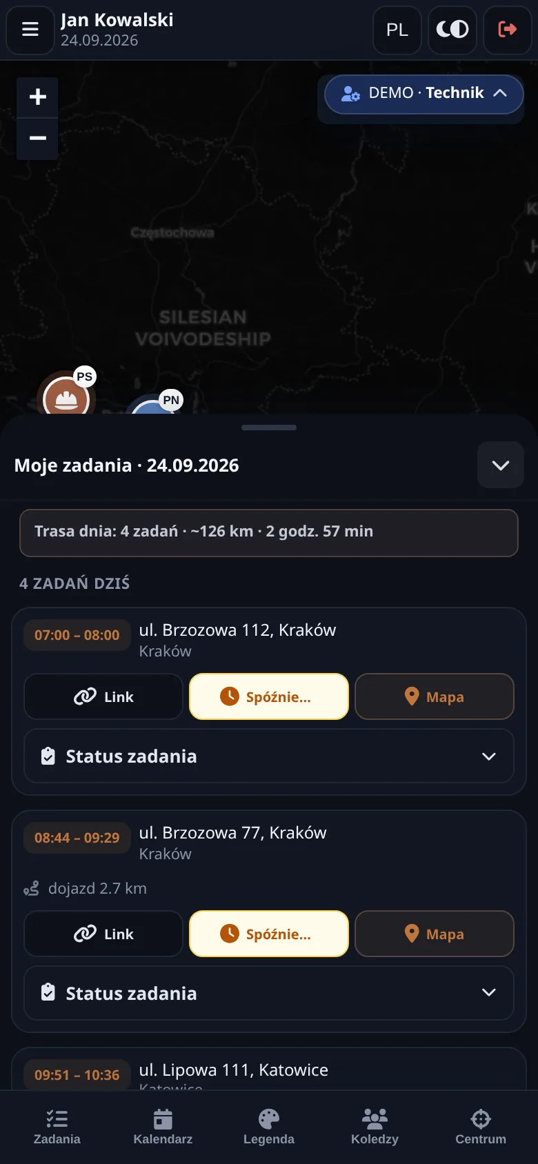 Monteur-Ansicht auf dem Handy: Aufgaben und Route